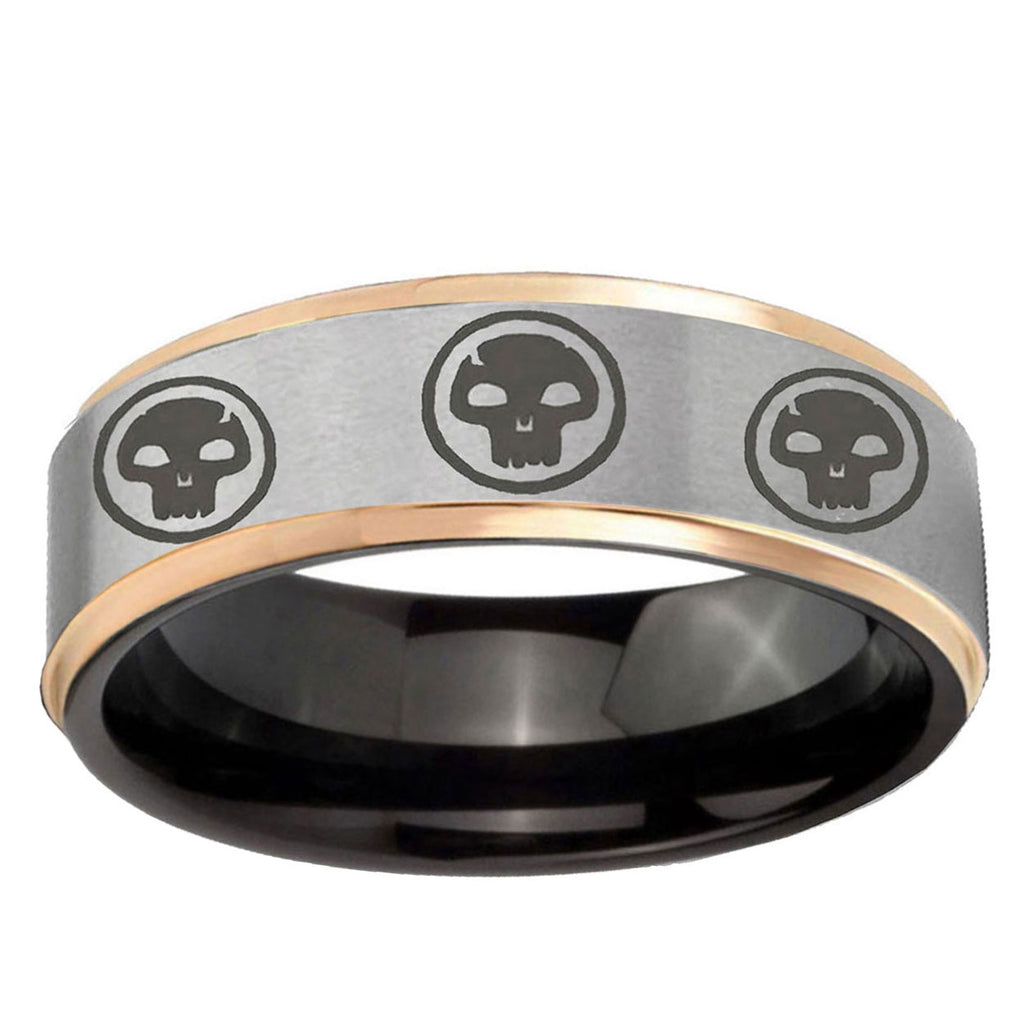 Multiple Skull Rose Gold Step Edge Gray Tungsten Ring