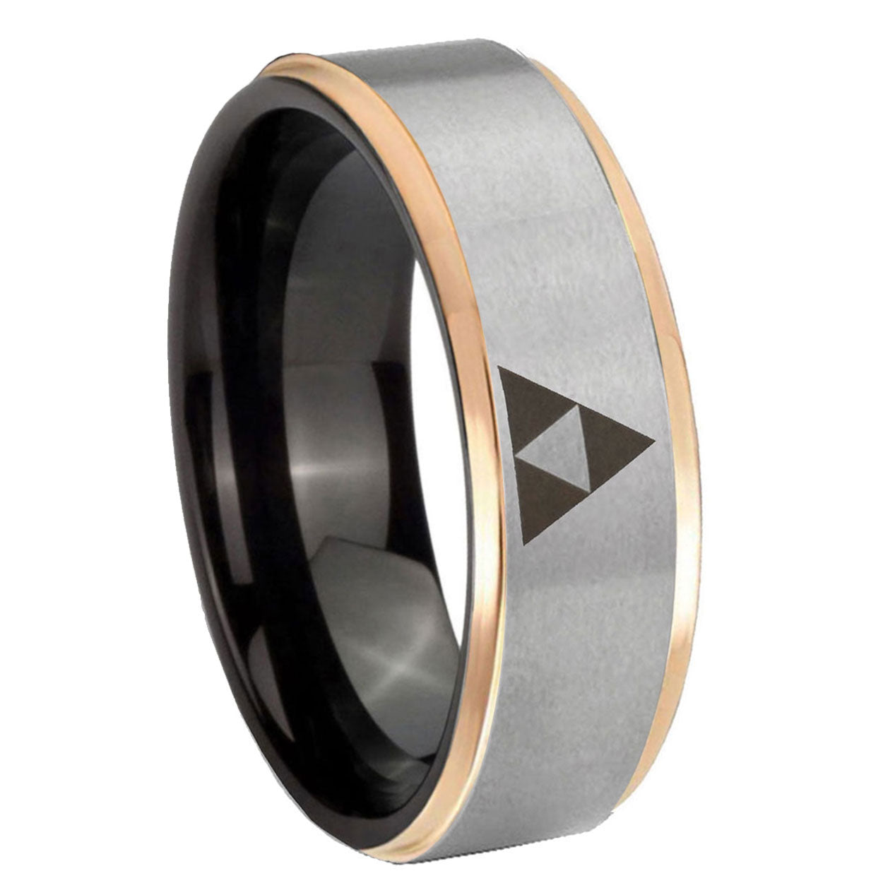 8mm Zelda Triforce Rose Gold Step Edge Gray Tungsten Ring