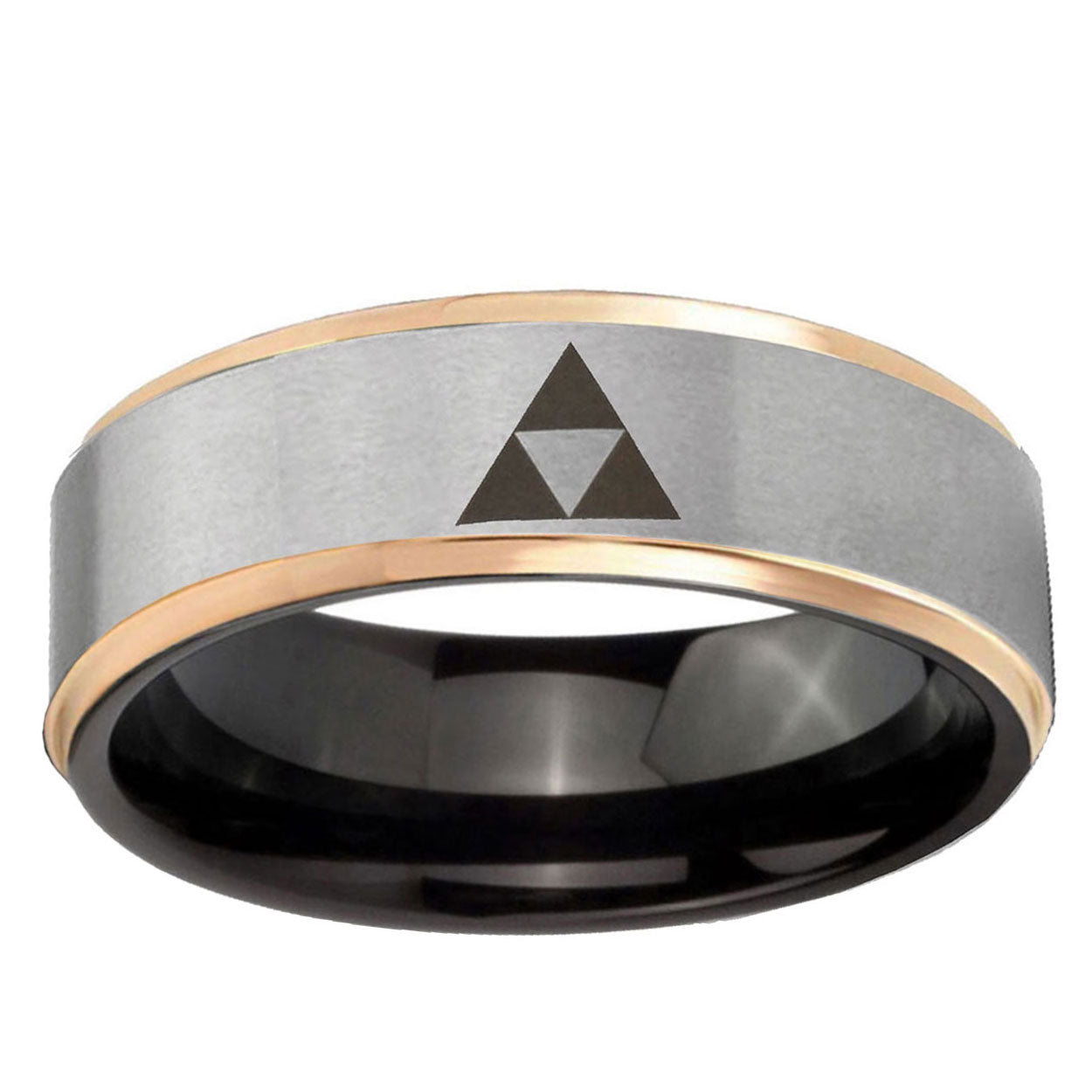 Zelda Triforce Rose Gold Step Edge Gray Tungsten Ring