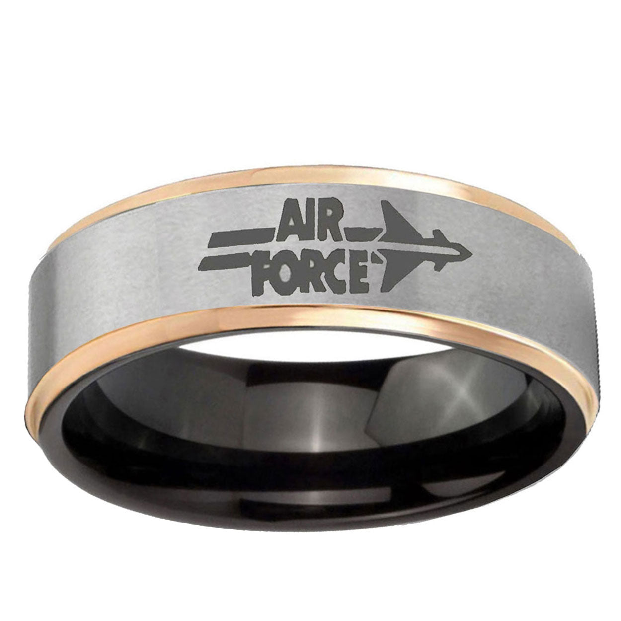 Rose Gold Step Edge Gray Air Force Tungsten Engraved Ring