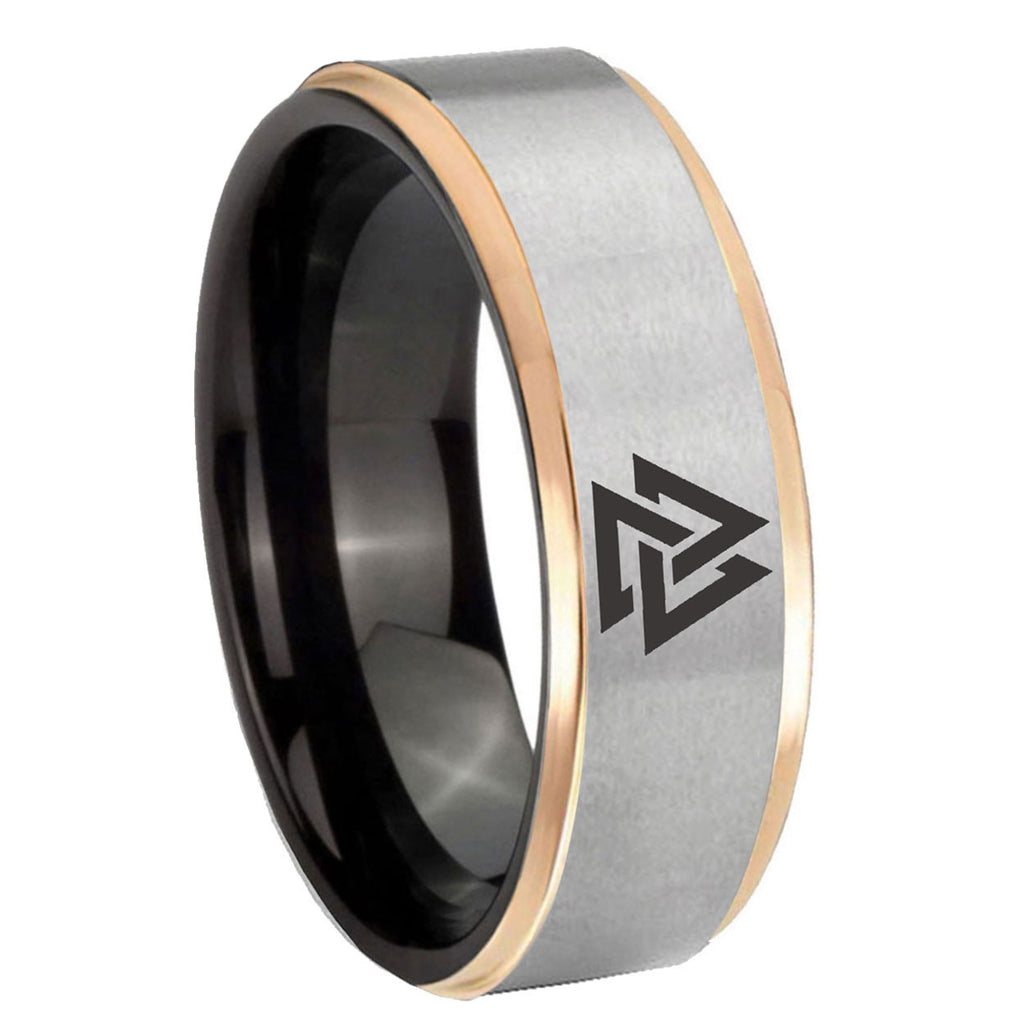 8mm Viking Symbol Rose Gold Step Edge Gray Tungsten Men's Ring