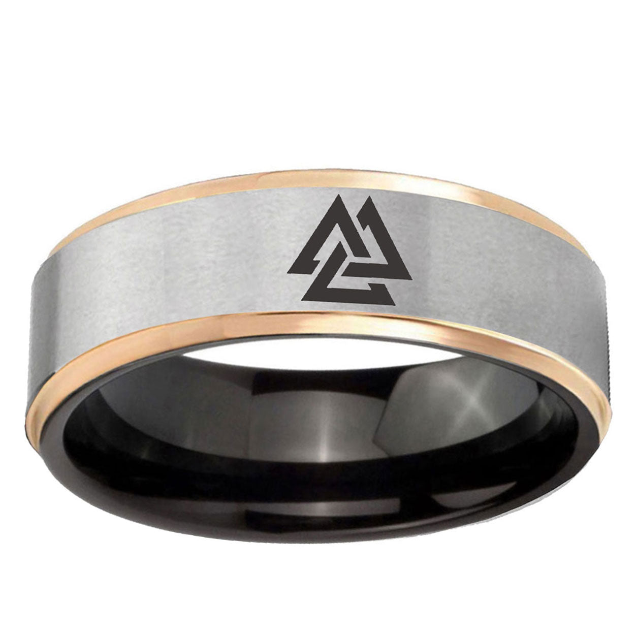 Viking Symbol Rose Gold Step Edge Gray Tungsten Men's Ring