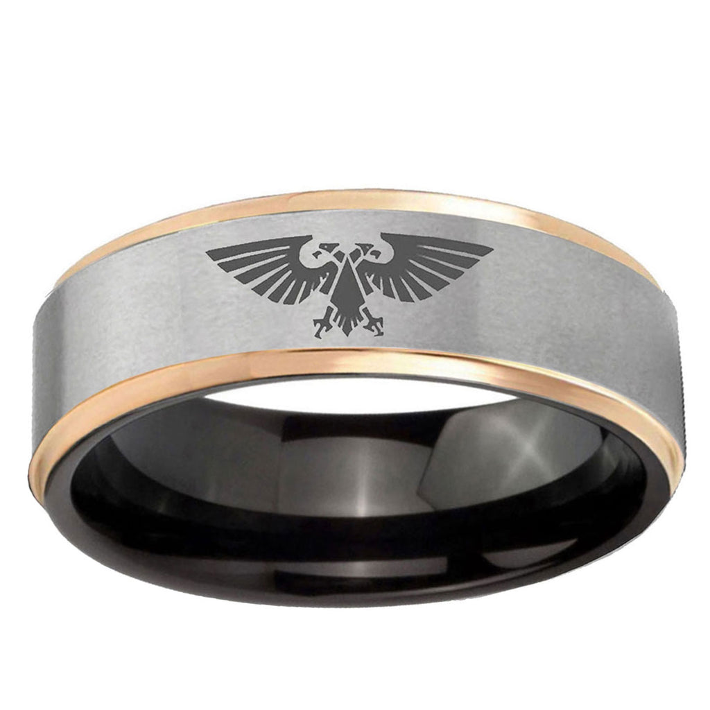 Aquila Rose Gold Step Edge Gray Tungsten Mens Promise Ring