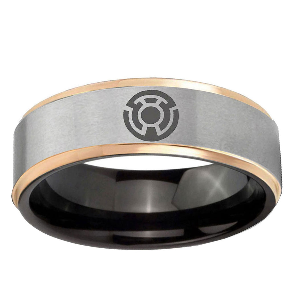 Yellow Lantern Rose Gold Step Edge Gray Tungsten Mens Bands
