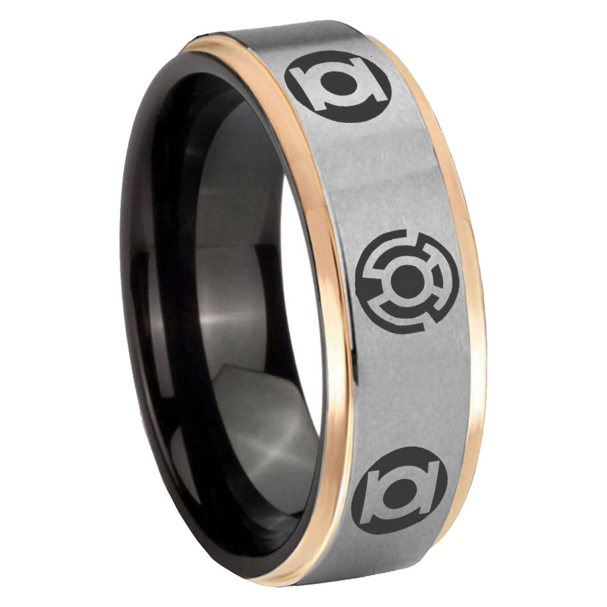 8mm Blue Green Lantern Rose Gold Step Edge Gray Tungsten Ring