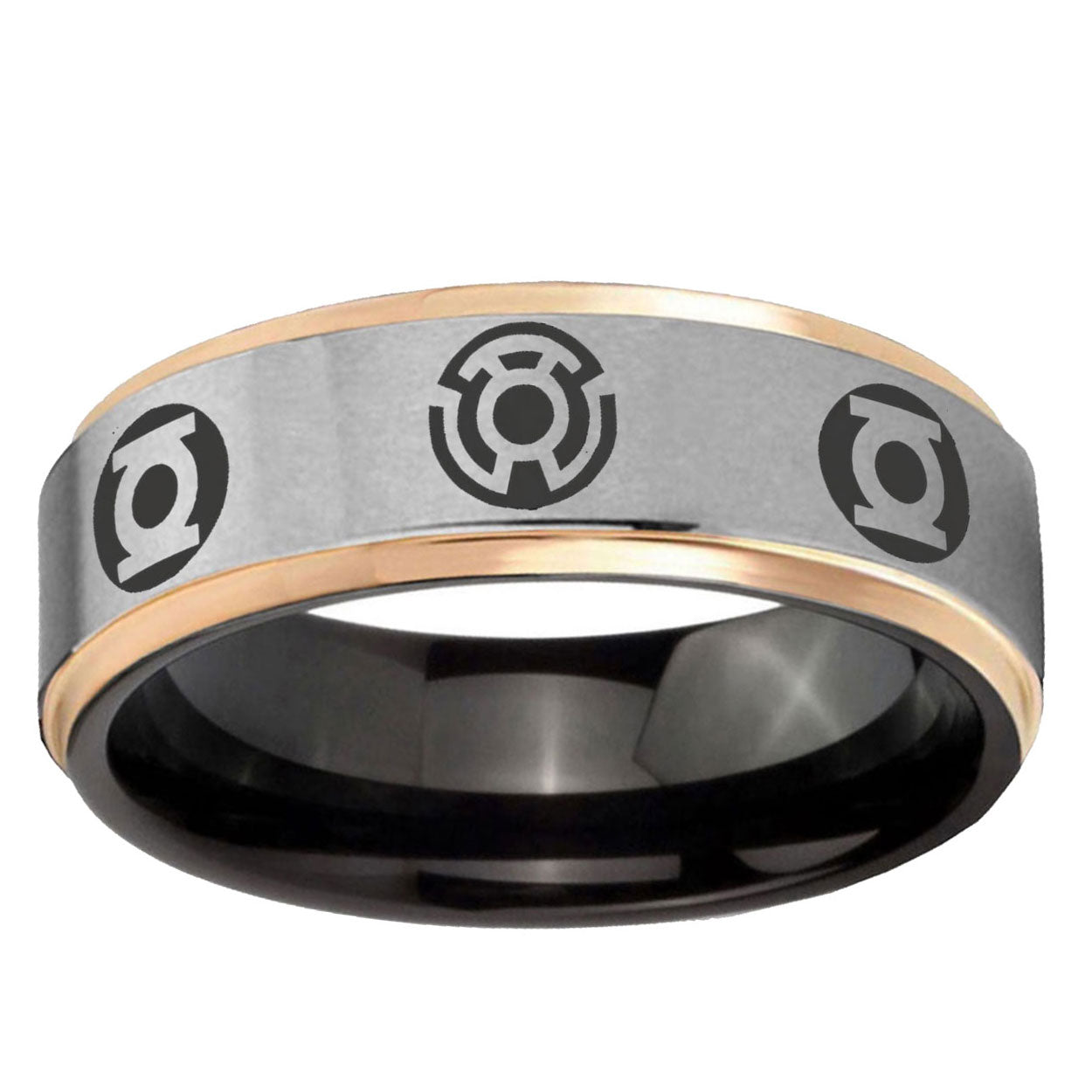 Blue Green Lantern Rose Gold Step Edge Gray Tungsten Ring