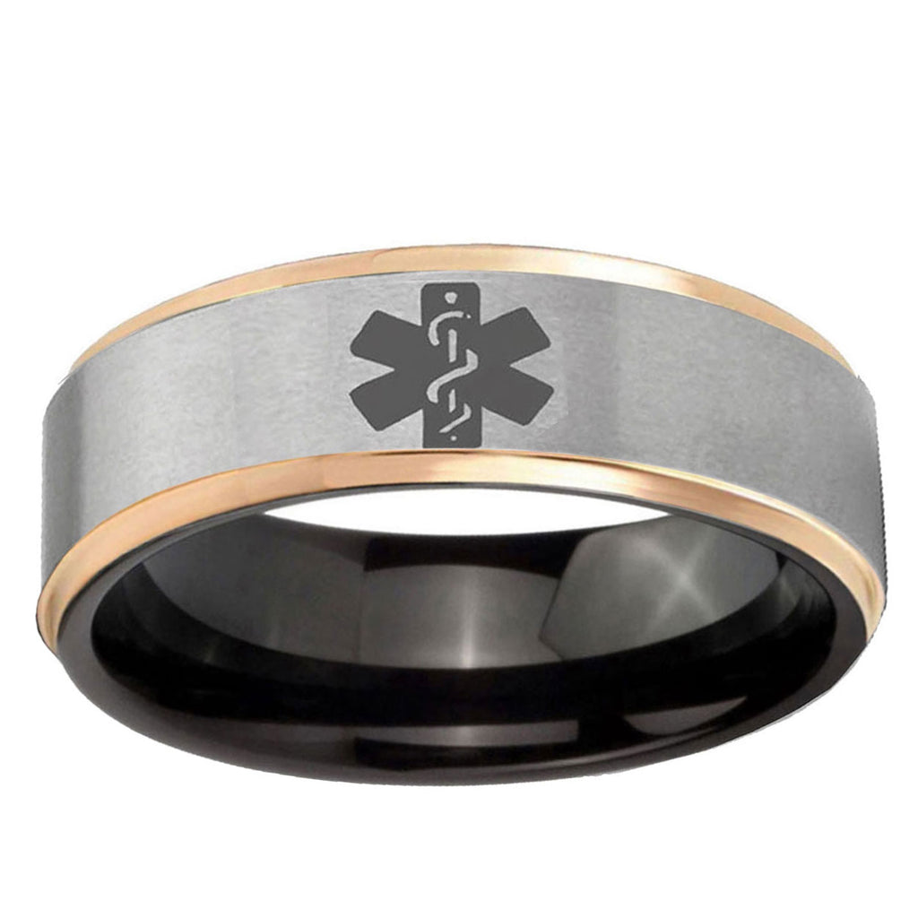 Medical Alert Rose Gold Step Edge Gray Tungsten Men's Ring