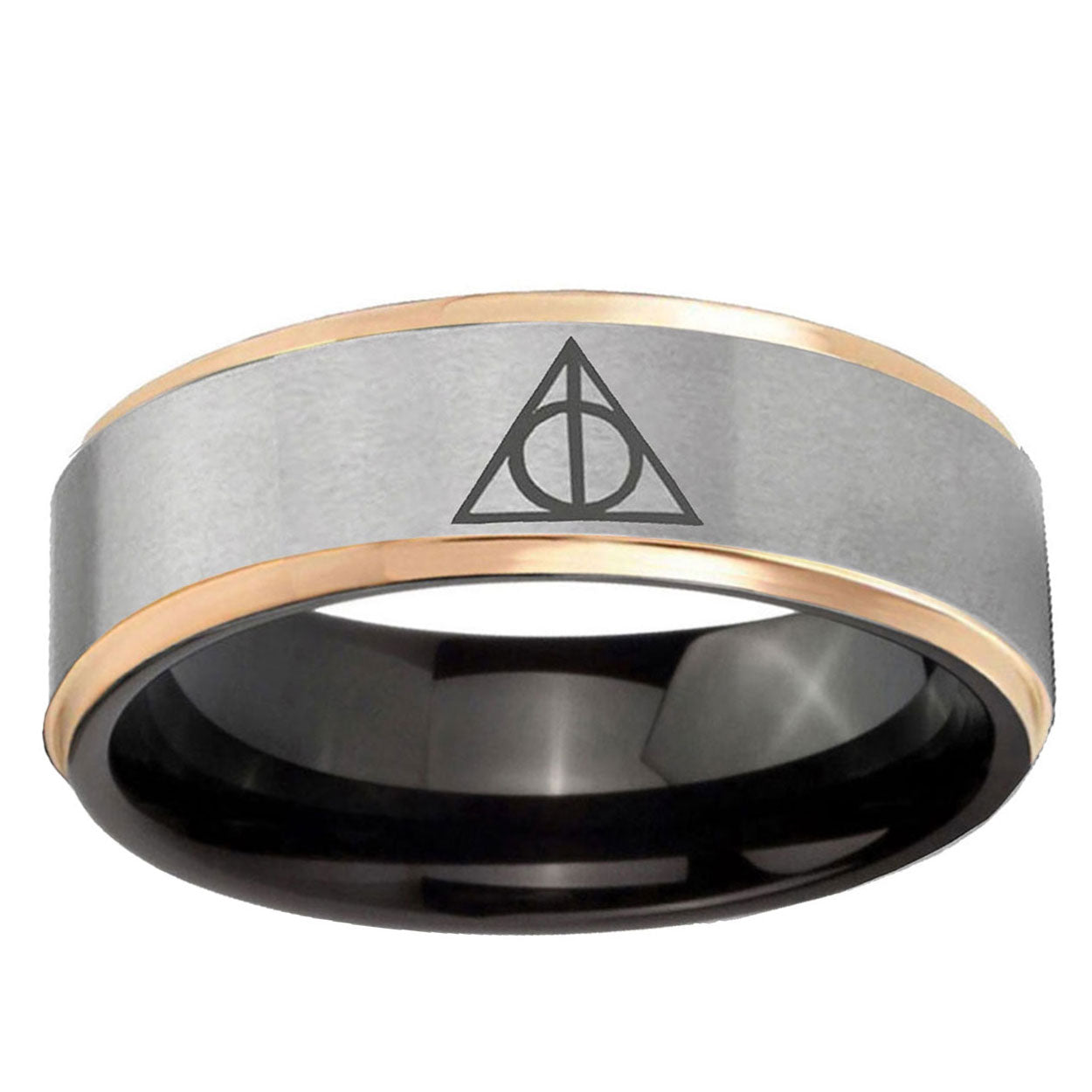 Deathly Hallows Rose Gold Step Edge Gray Tungsten Ring