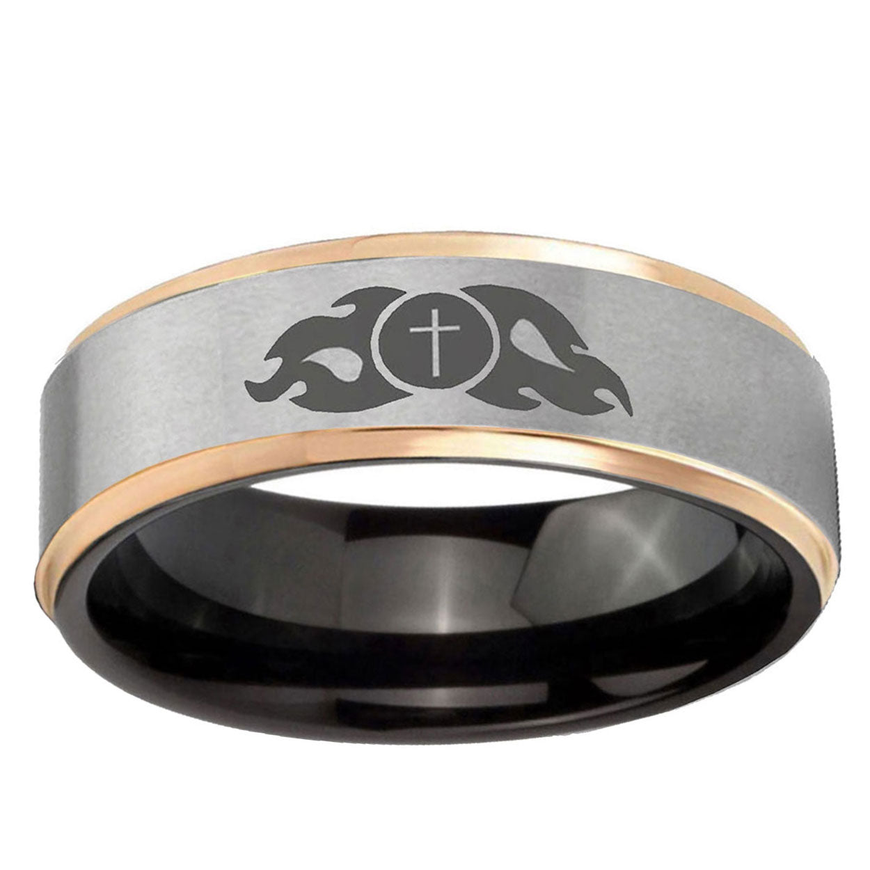 Flamed Cross Rose Gold Step Edge Gray Tungsten Promise Ring