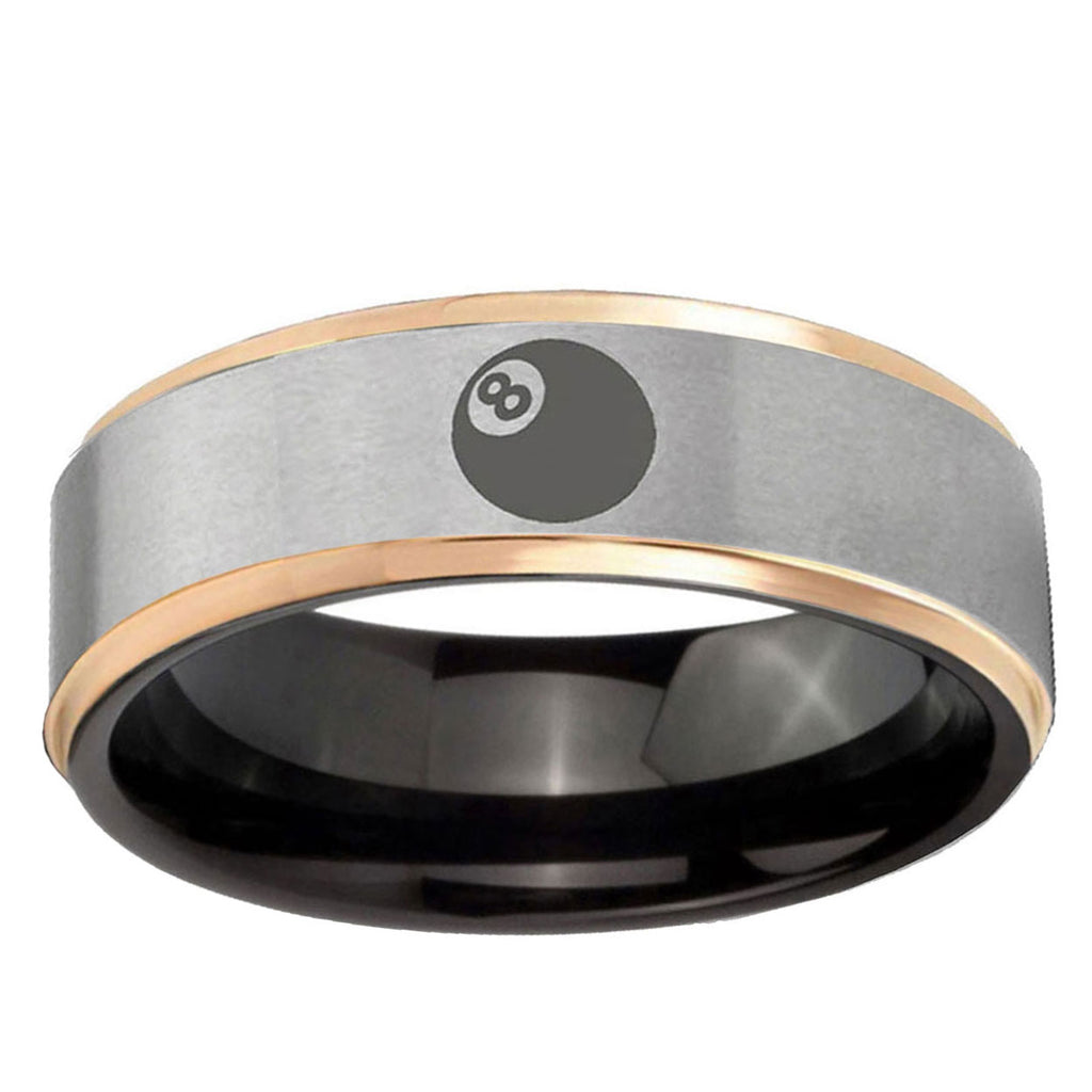 8 Ball Rose Gold Step Edge Gray Tungsten Engraved Ring