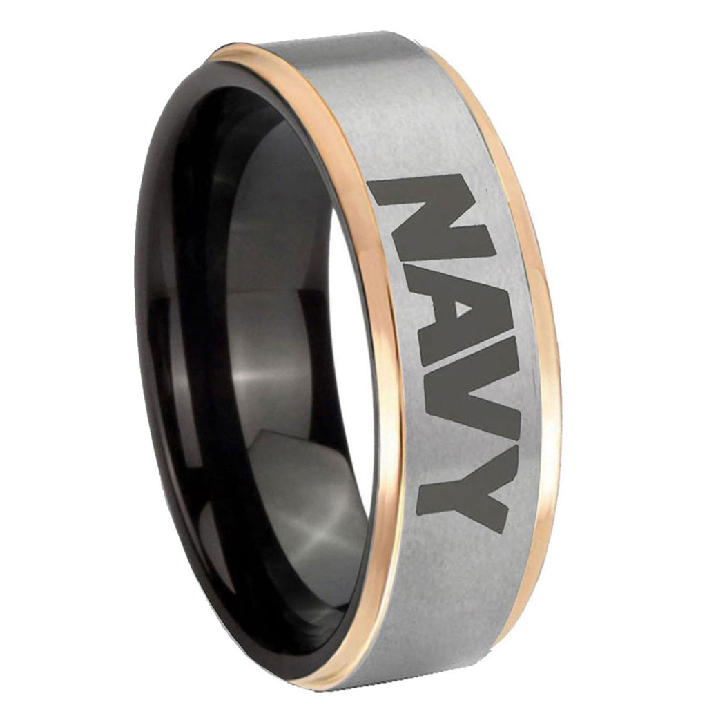 8mm Navy Rose Gold Step Edge Gray Tungsten Men's Wedding Band