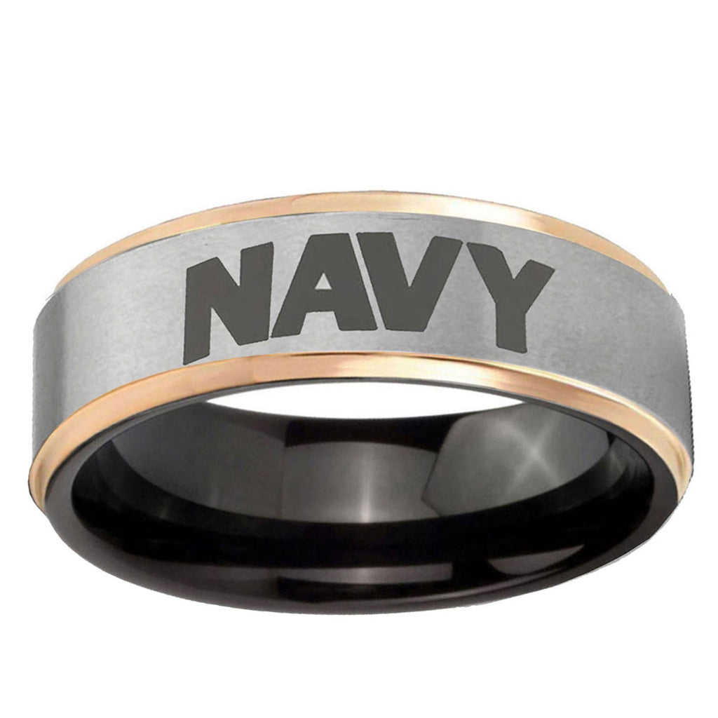 Navy Rose Gold Step Edge Gray Tungsten Men's Wedding Band