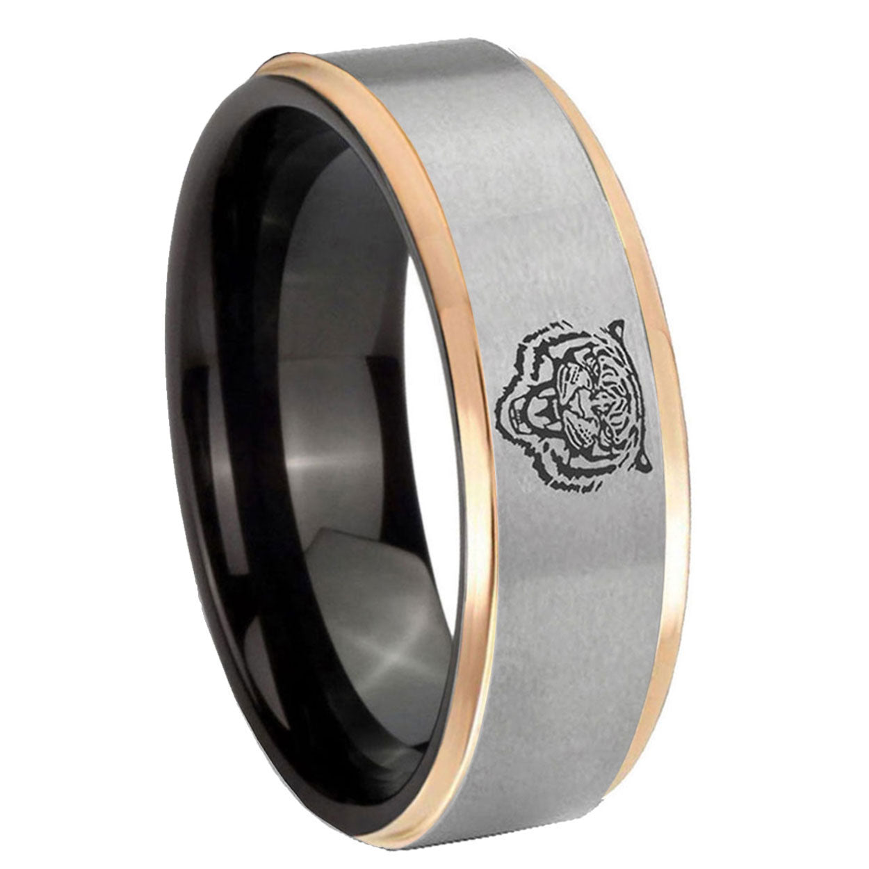 8mm Lion Rose Gold Step Edge Gray Tungsten Carbide Bands Ring