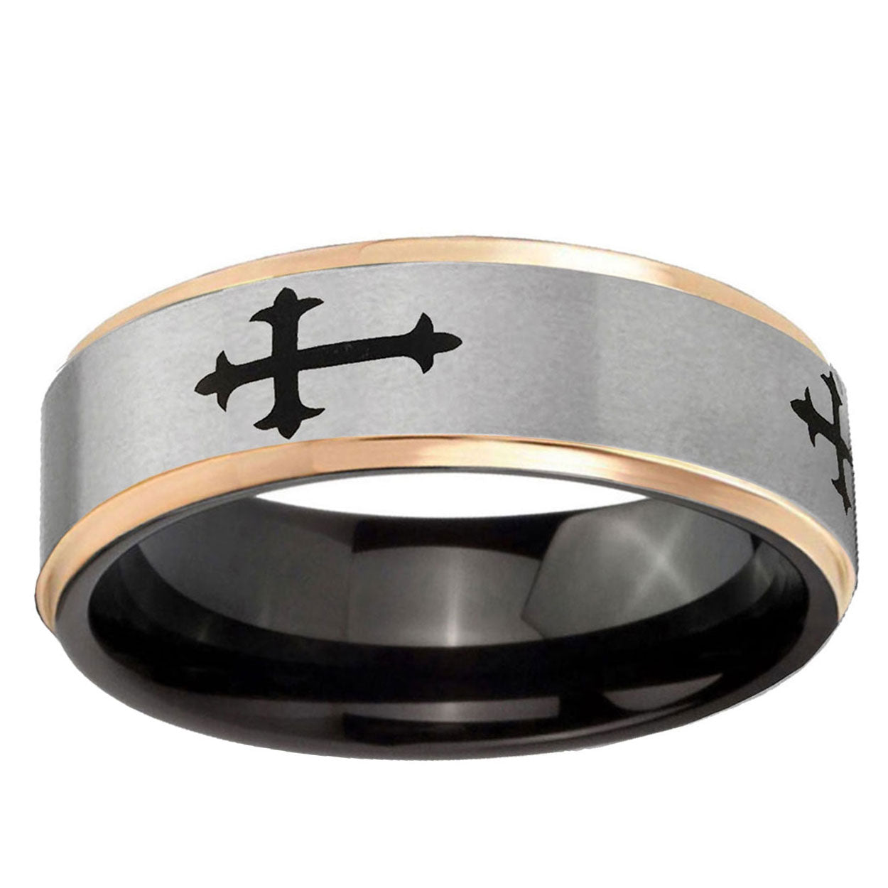 Christian Cross Religious Rose Gold Step Edge Gray Tungsten Ring