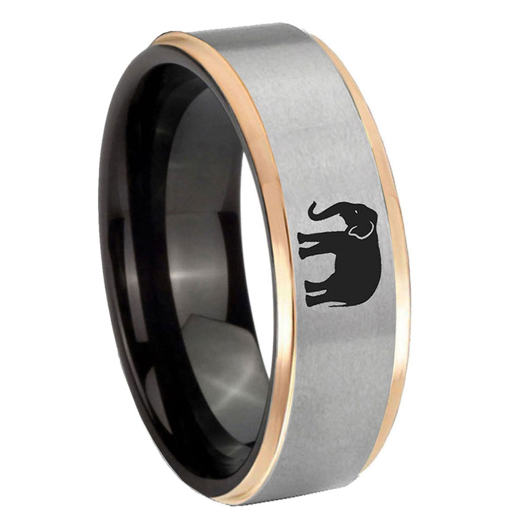 8mm Elephant Rose Gold Step Edge Gray Tungsten Band Ring