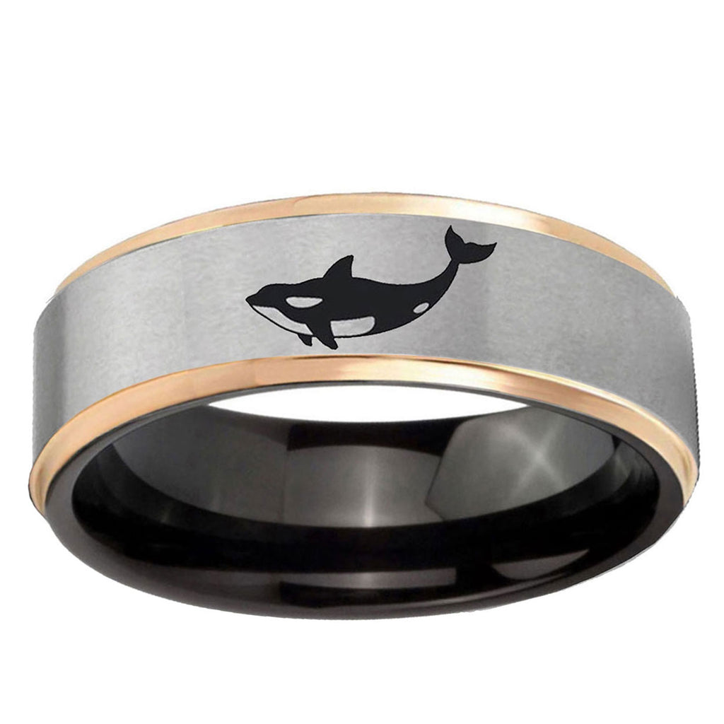 Keller Whale Rose Gold Step Edge Gray Tungsten Men's Ring
