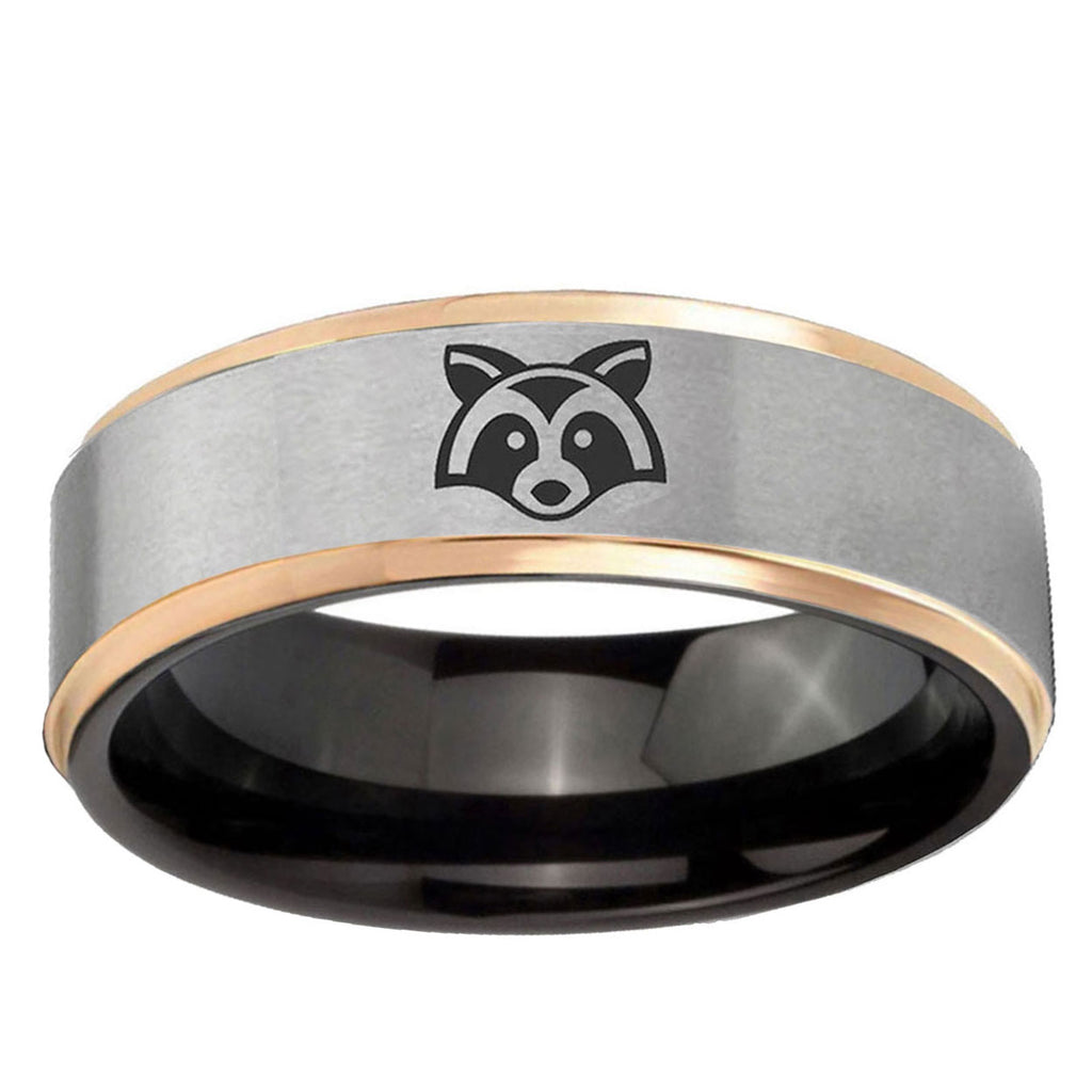 Raccoon Animal Rose Gold Step Edge Gray Tungsten Ring