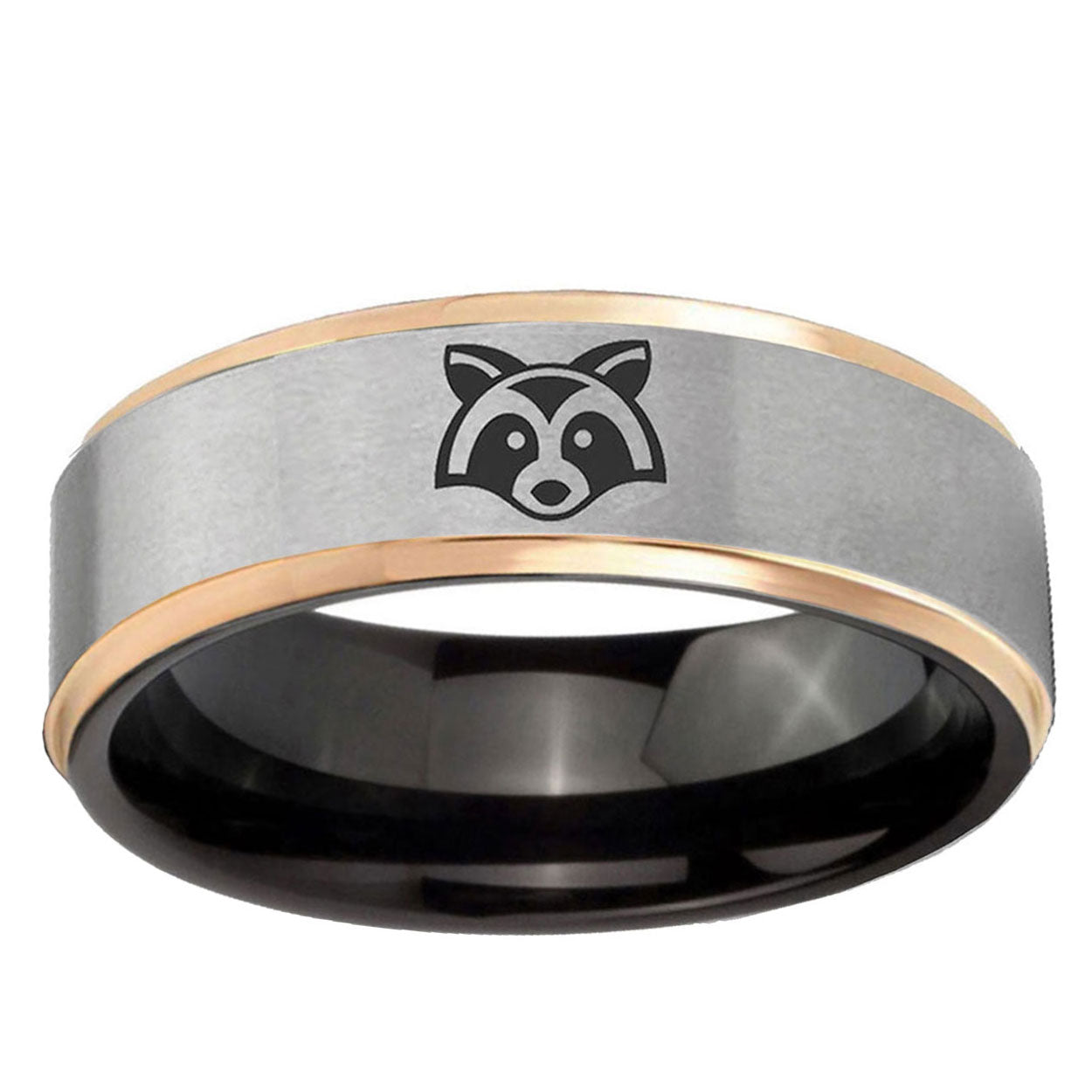 Raccoon Animal Rose Gold Step Edge Gray Tungsten Ring