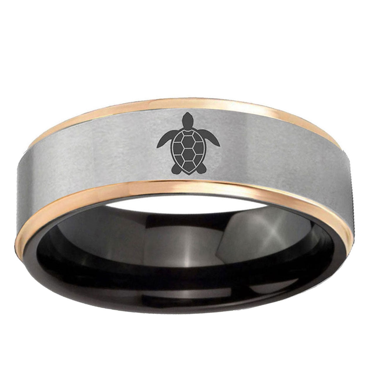 Sea Turtle Design Rose Gold Step Edge Gray Tungsten Ring