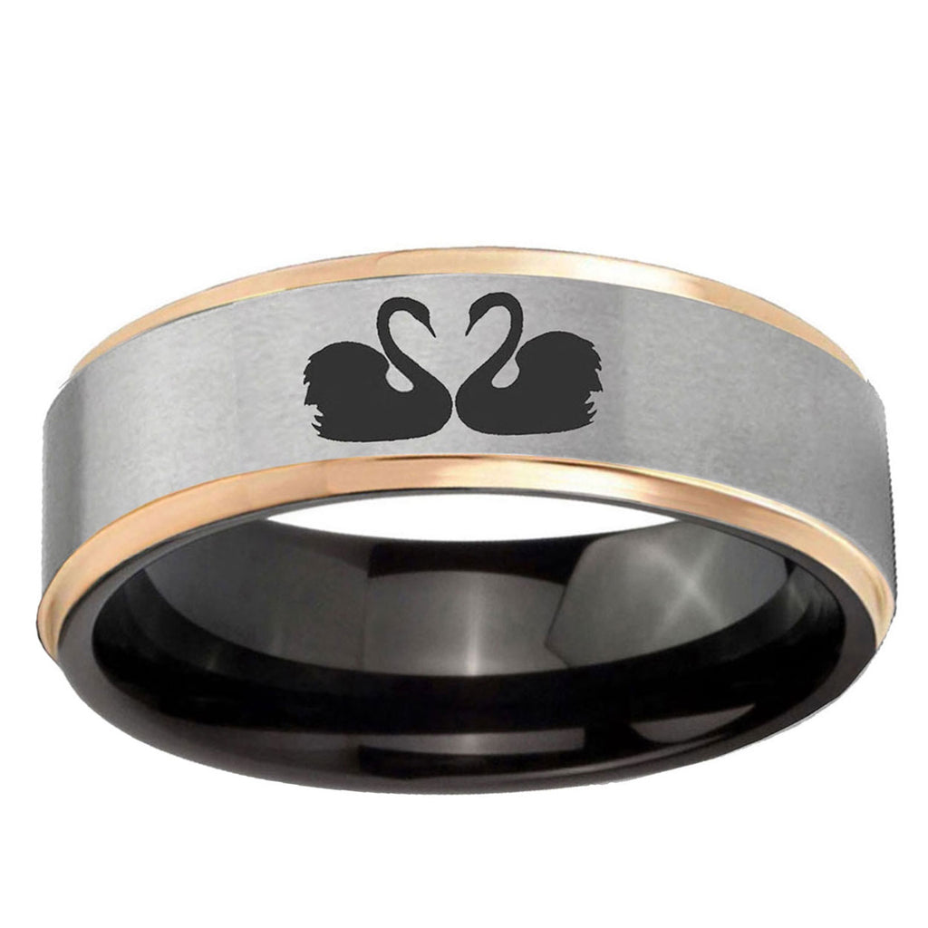Swans Design Rose Gold Step Edge Gray Tungsten Wedding Ring