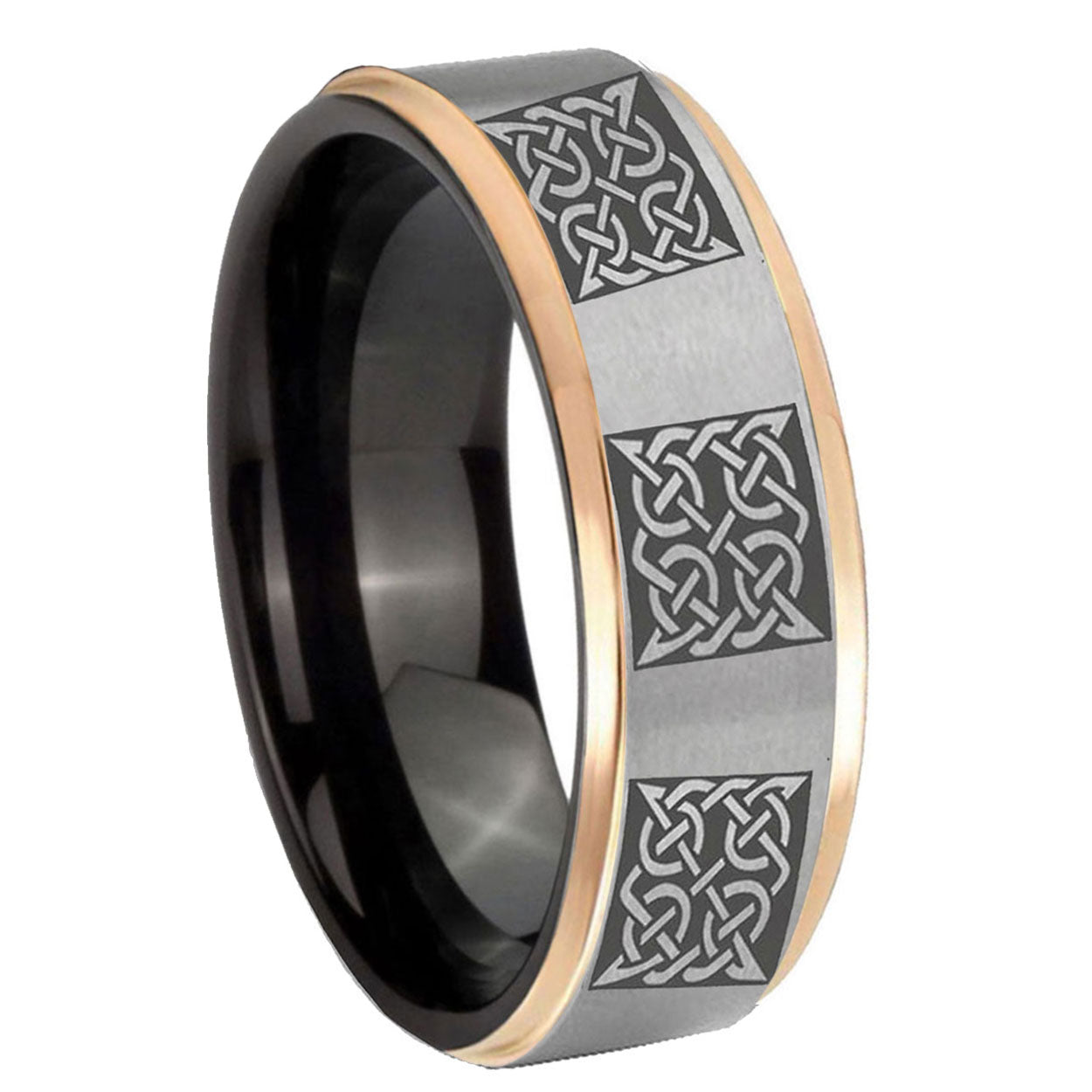 8mm Multiple Celtic Rose Gold Step Edge Gray Tungsten Ring