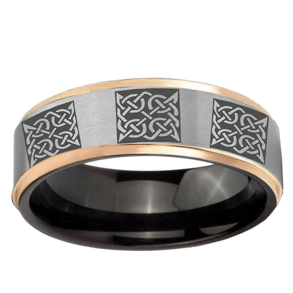 Multiple Celtic Rose Gold Step Edge Gray Tungsten Ring