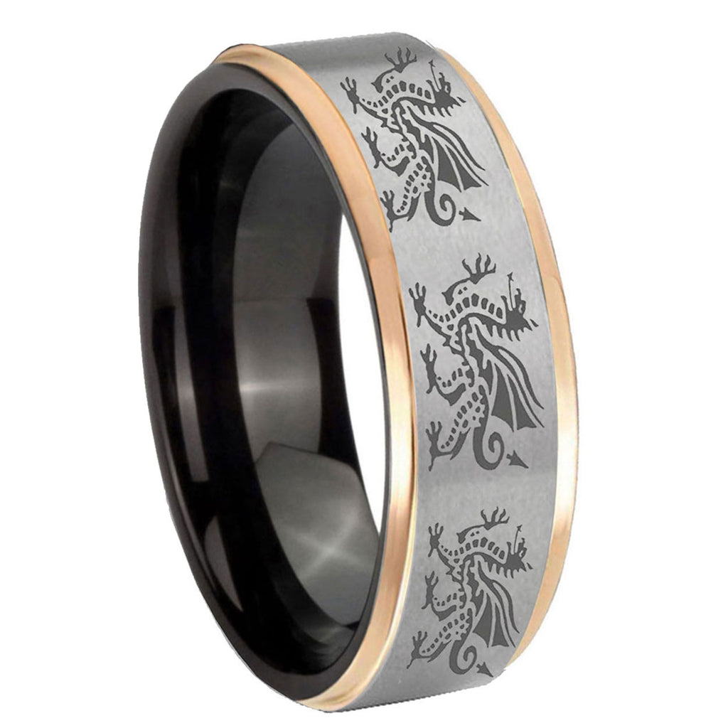 8mm Multiple Dragon Rose Gold Step Edge Gray Tungsten Mens Ring