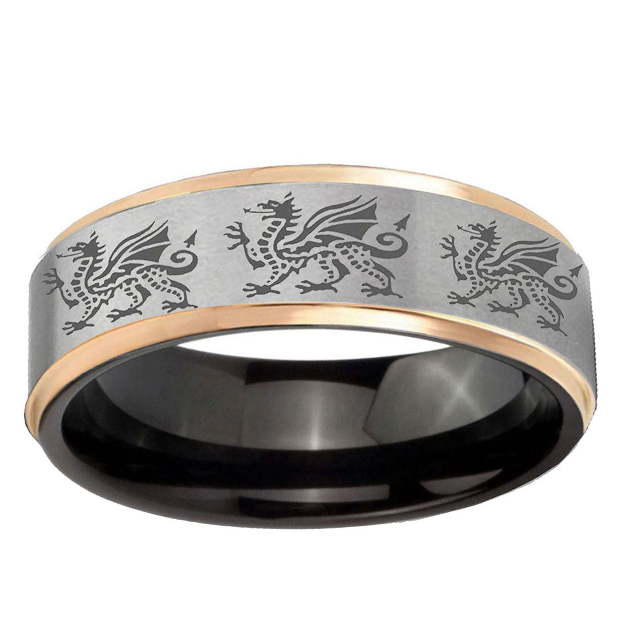 Multiple Dragon Rose Gold Step Edge Gray Tungsten Mens Ring