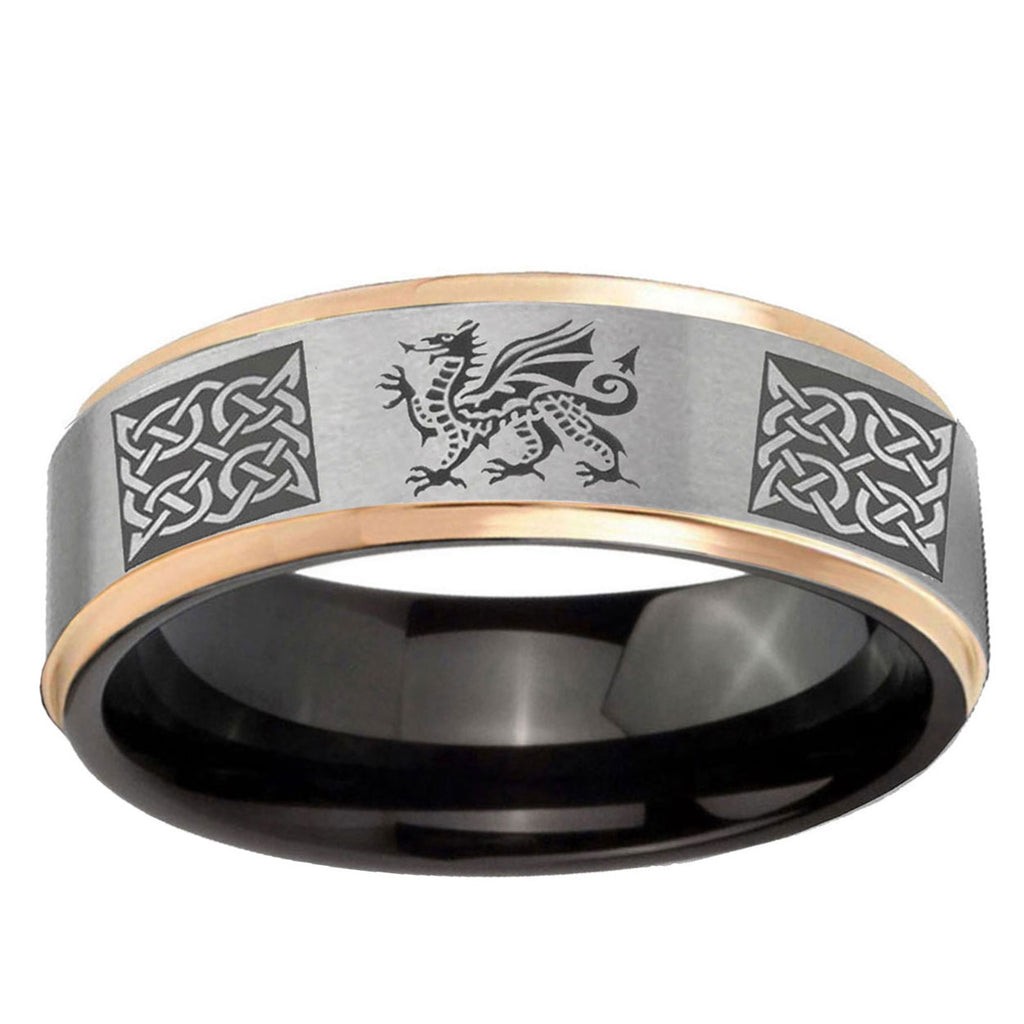 Multiple Dragon Celtic Rose Gold Step Edge Gray Tungsten Ring