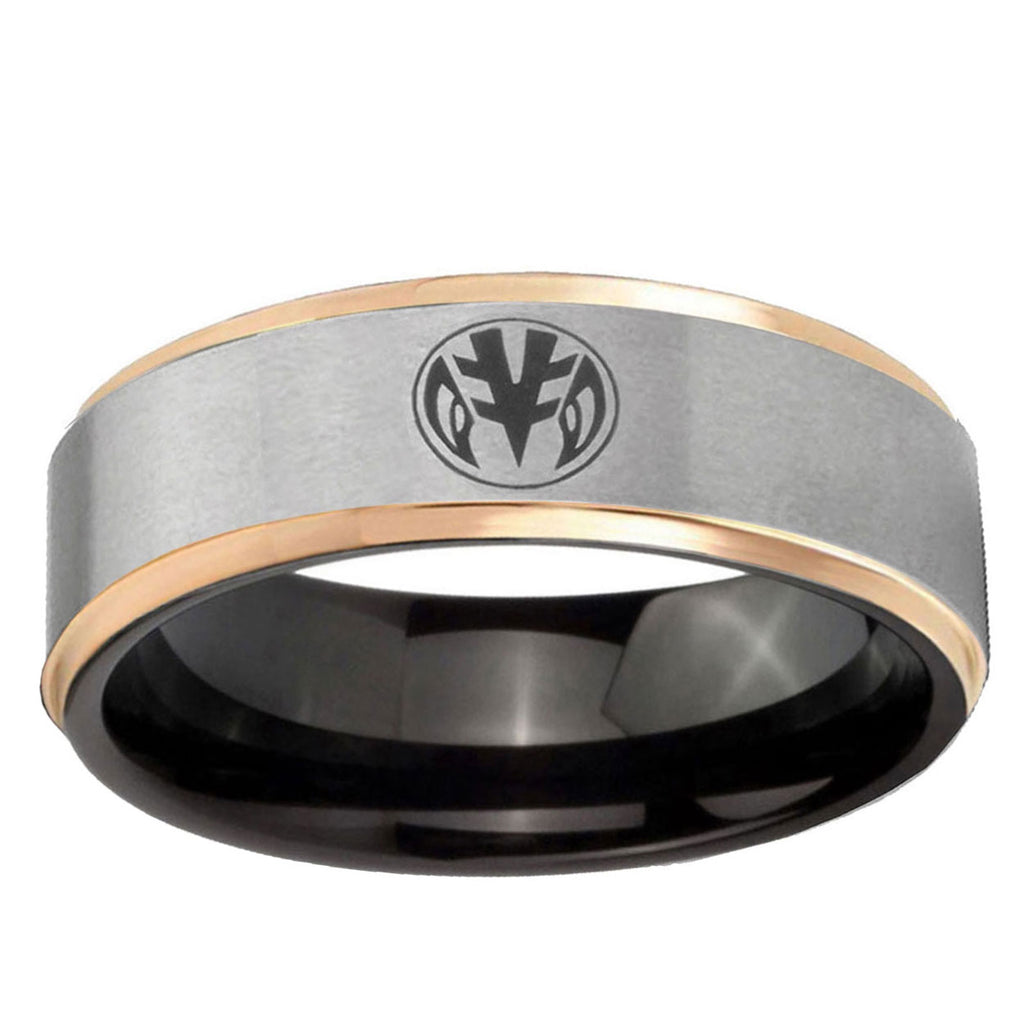 Love Power Rangers Rose Gold Step Edge Gray Tungsten Bands