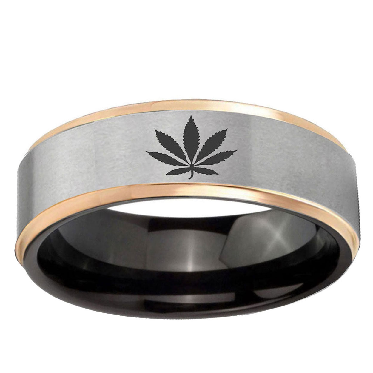 Marijuana Leaf Rose Gold Step Edge Gray Tungsten Ring