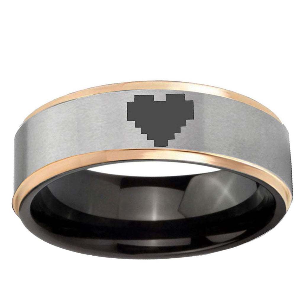 Rose Gold Step Edge Gray Zelda Heart Tungsten Engraved Ring