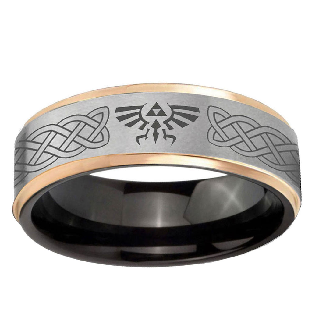 Celtic Zelda Rose Gold Step Edge Gray Tungsten Ring