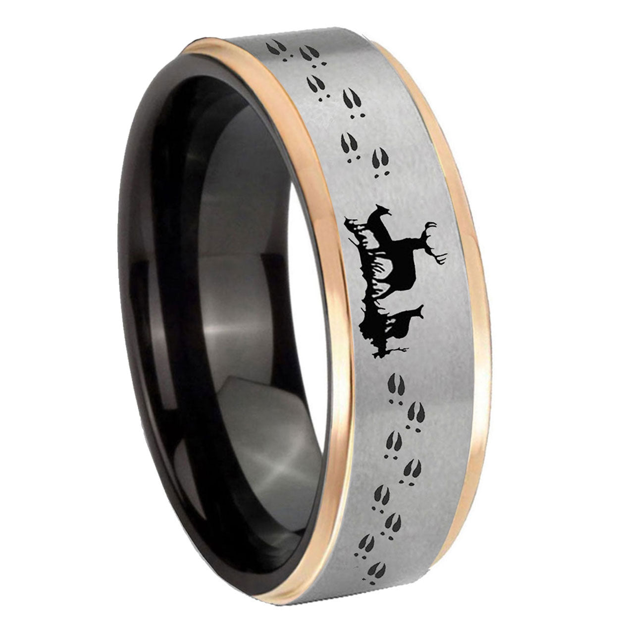 8mm Deer Hunting Rose Gold Step Edge Gray Tungsten Custom Ring