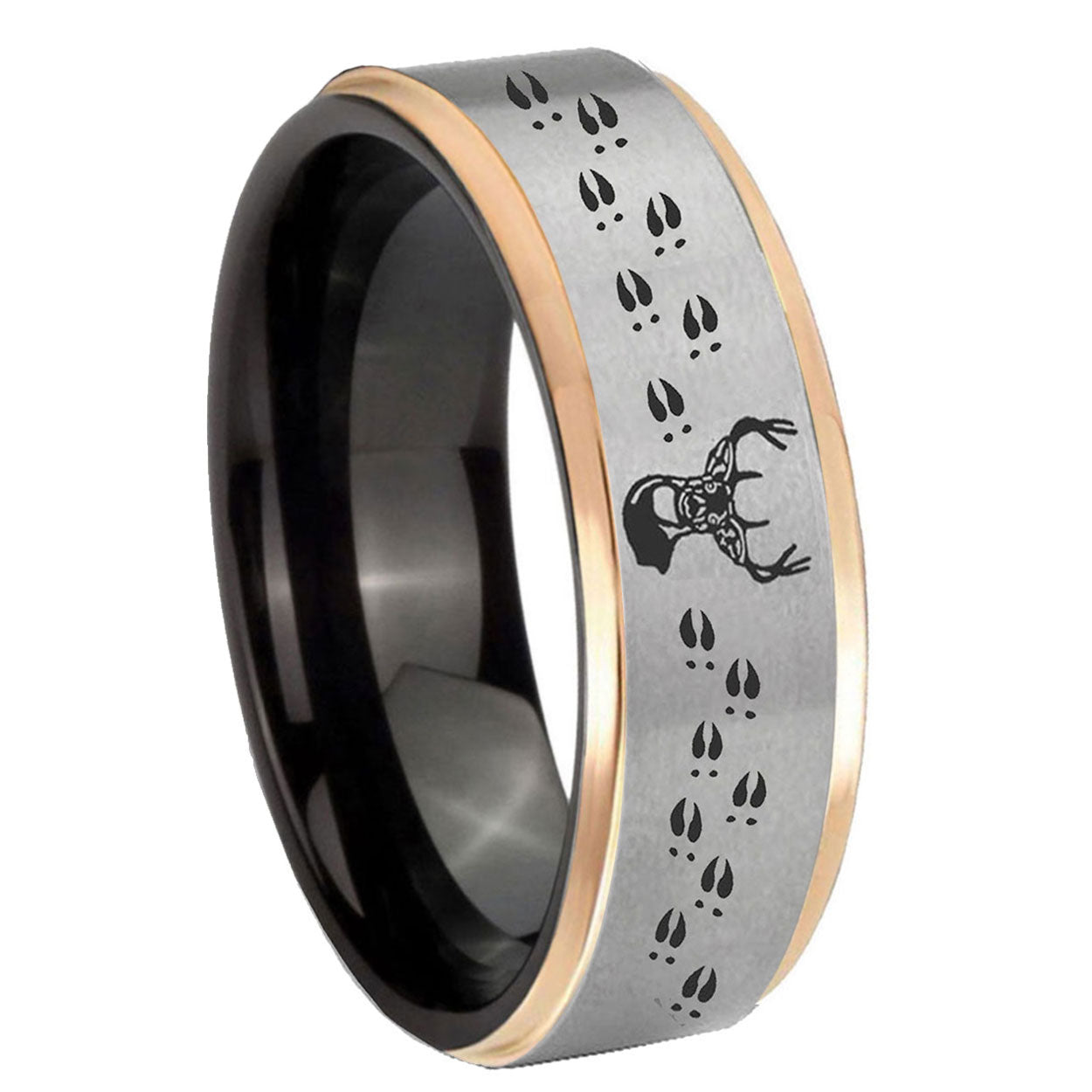 8mm Deer Antler Rose Gold Step Edge Gray Tungsten Men Bands