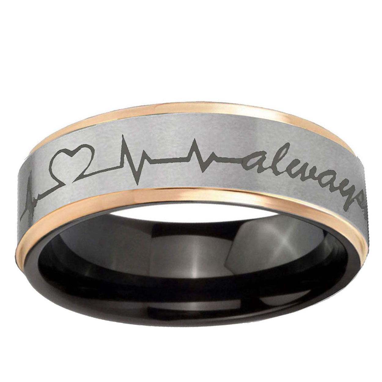 Heart Beat forever Heart always Rose Gold Step Edge Gray Tungsten Band