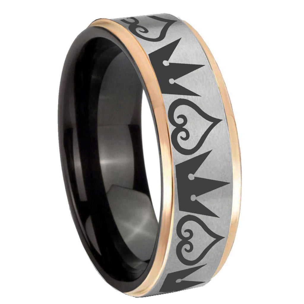 8mm Hearts Crowns Rose Gold Step Edge Gray Tungsten Ring