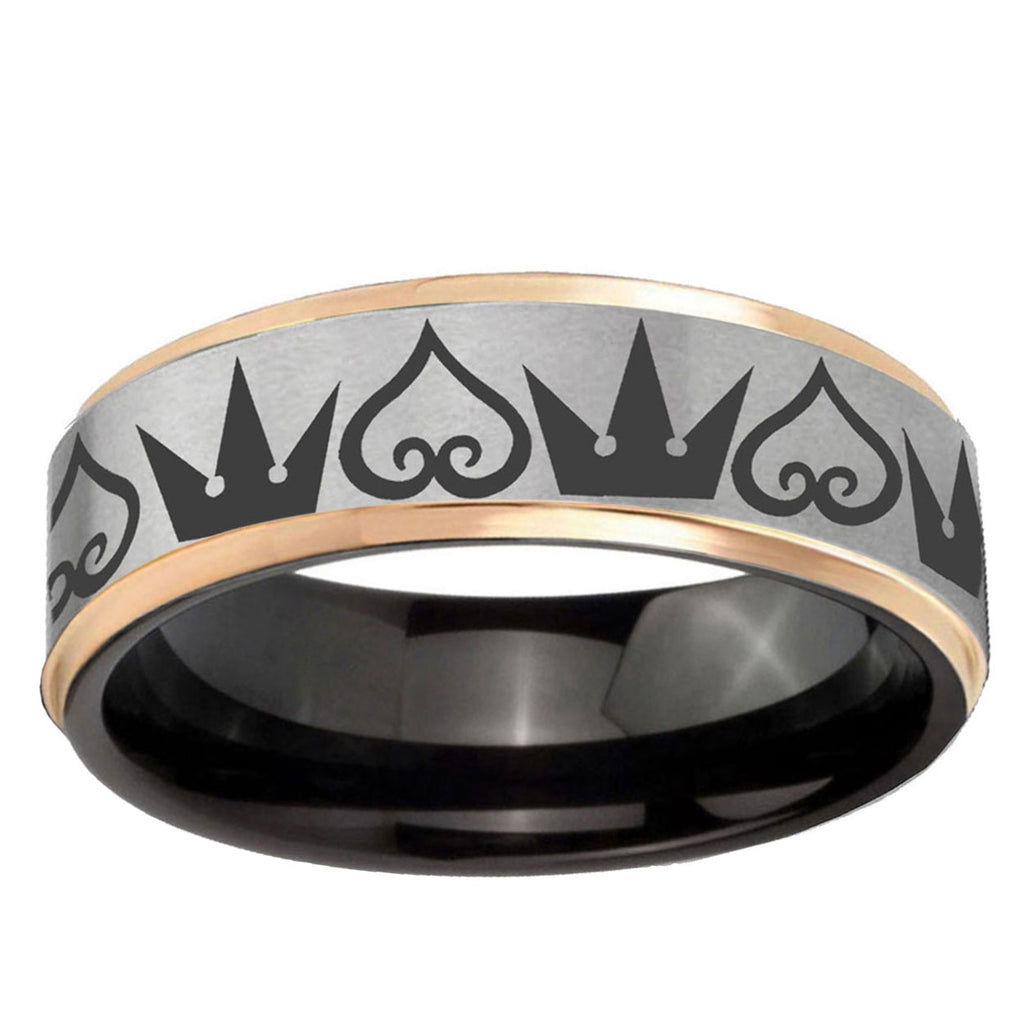 Hearts Crowns Rose Gold Step Edge Gray Tungsten Ring