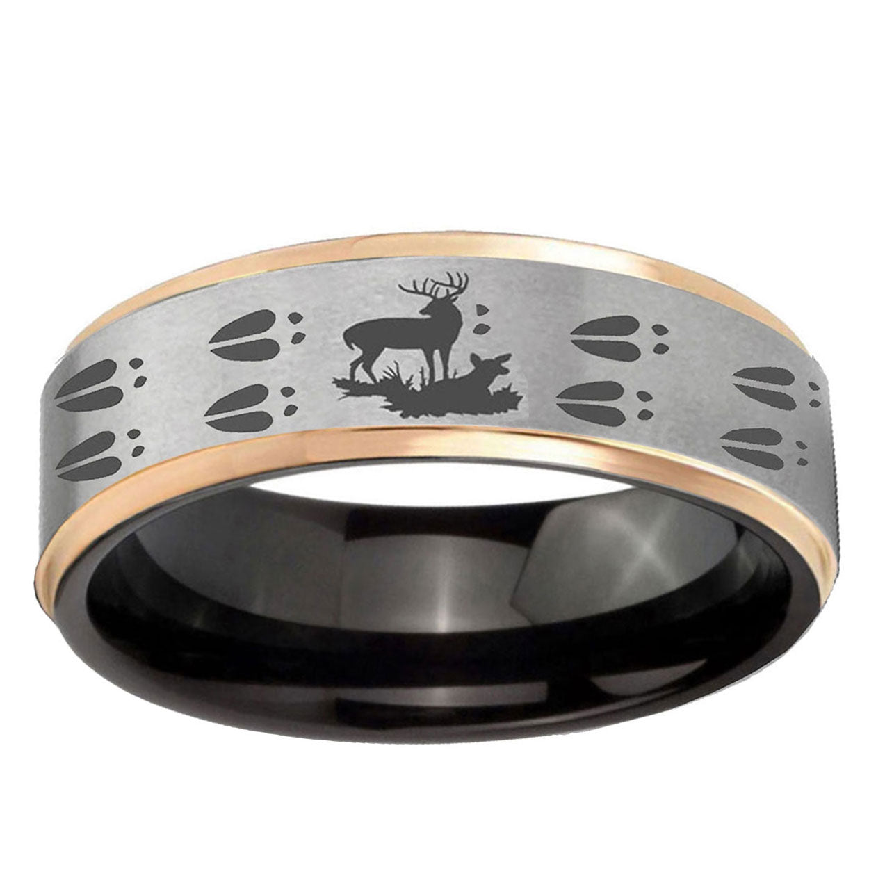 Deer Hunting Tracks Rose Gold Step Edge Gray Tungsten Ring