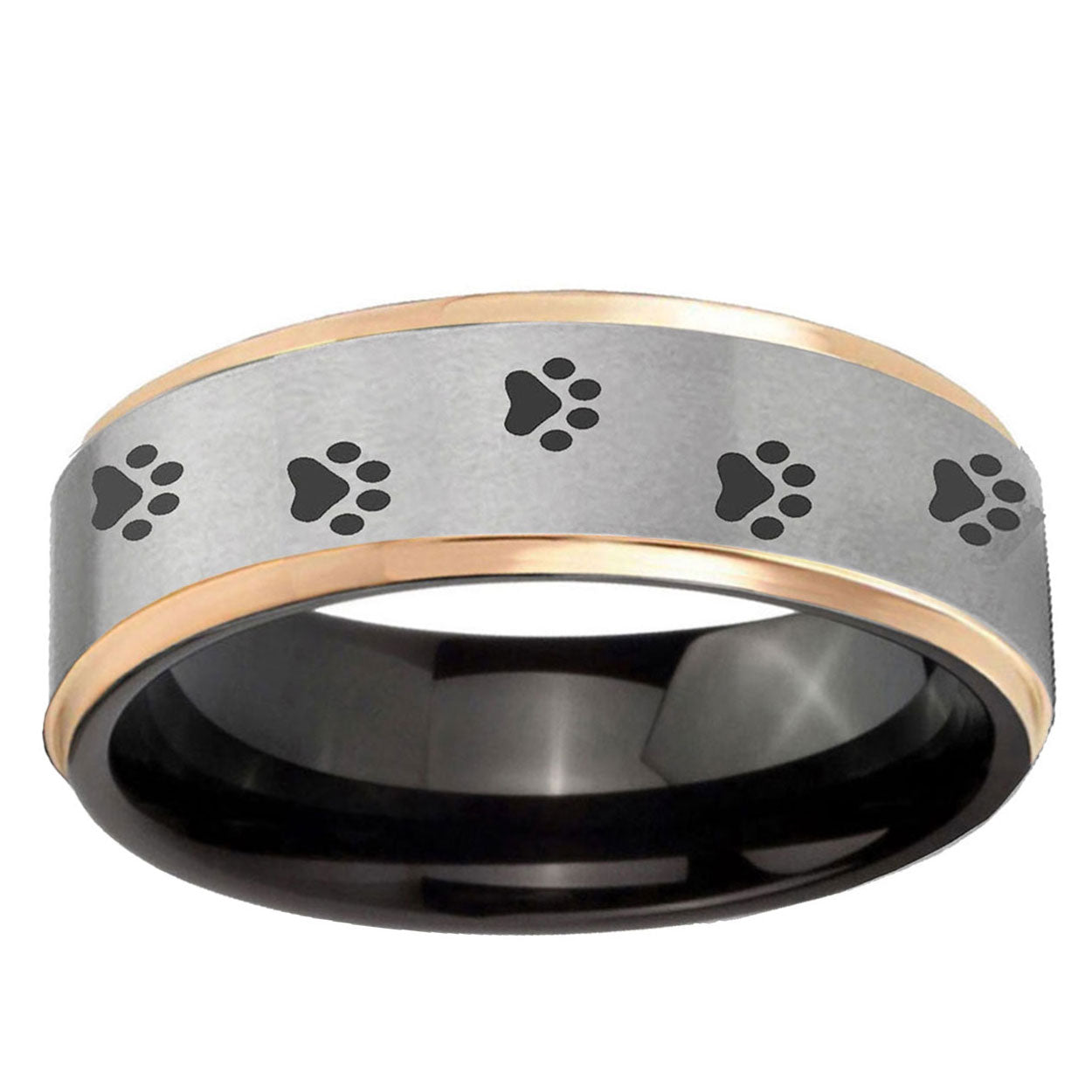 Paw Print Rose Gold Step Edge Gray Tungsten Promise Ring