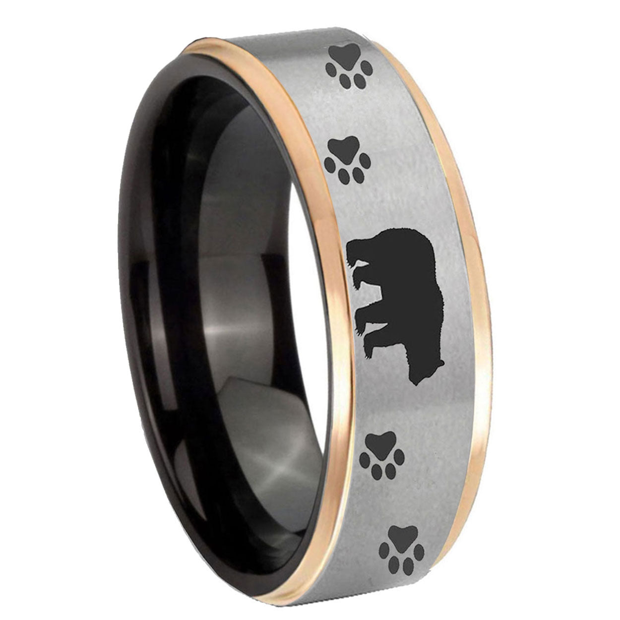 8mm Bear and Paw Rose Gold Step Edge Gray Tungsten Ring