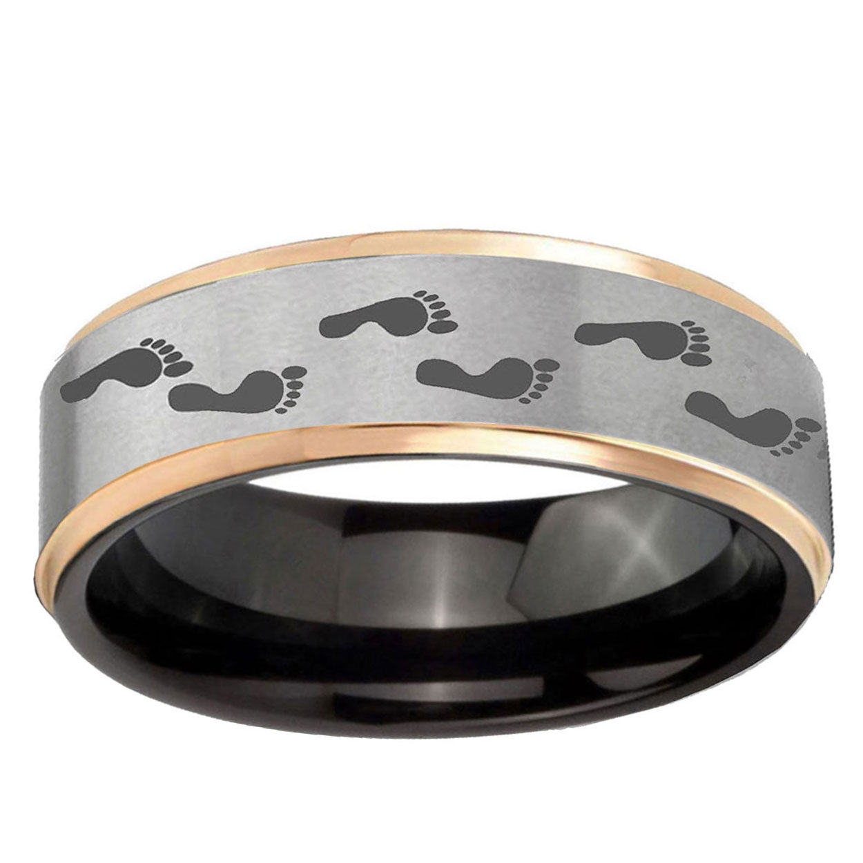 Foot Print Rose Gold Step Edge Gray Tungsten Wedding Band