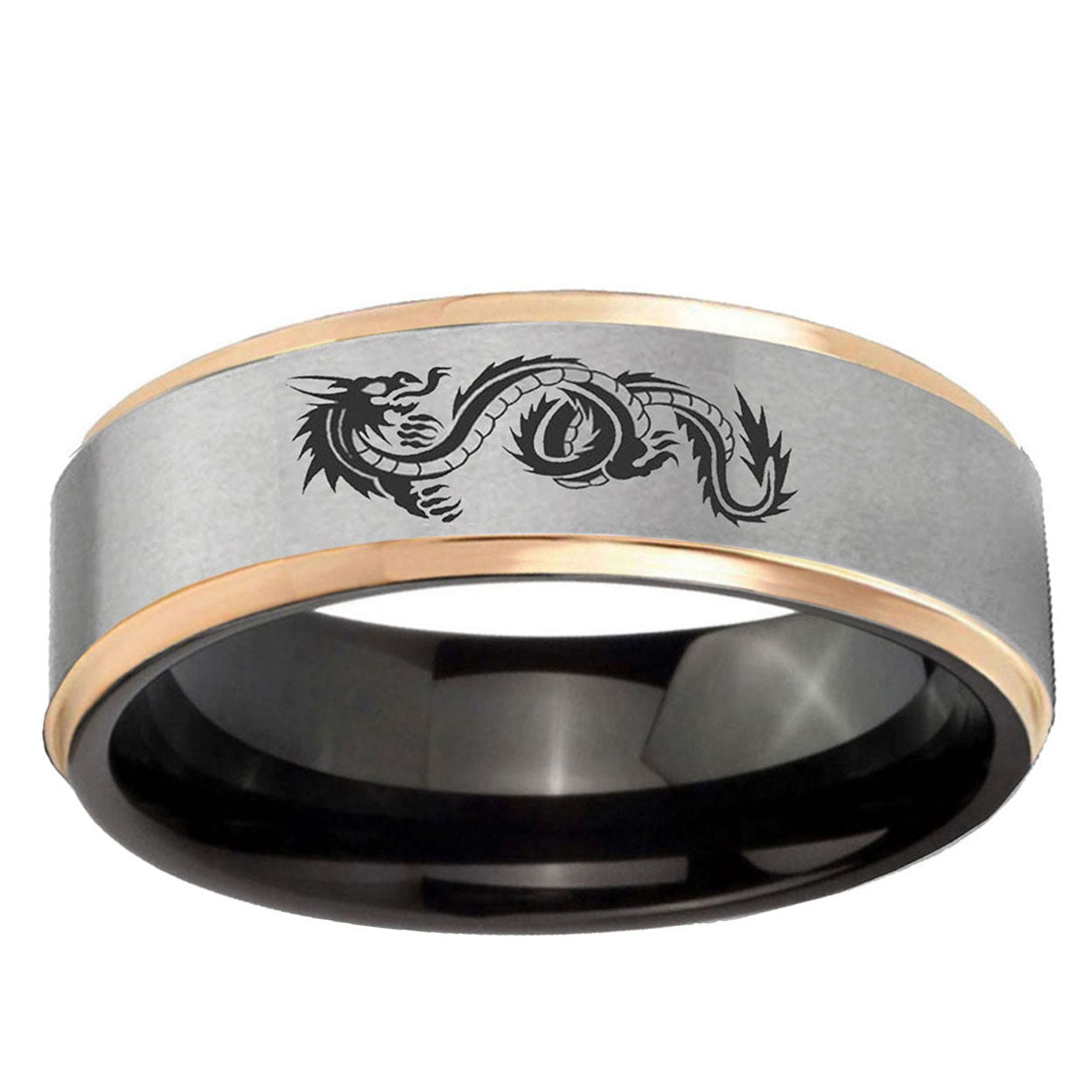 Dragon Rose Gold Step Edge Gray Tungsten Engraved Ring