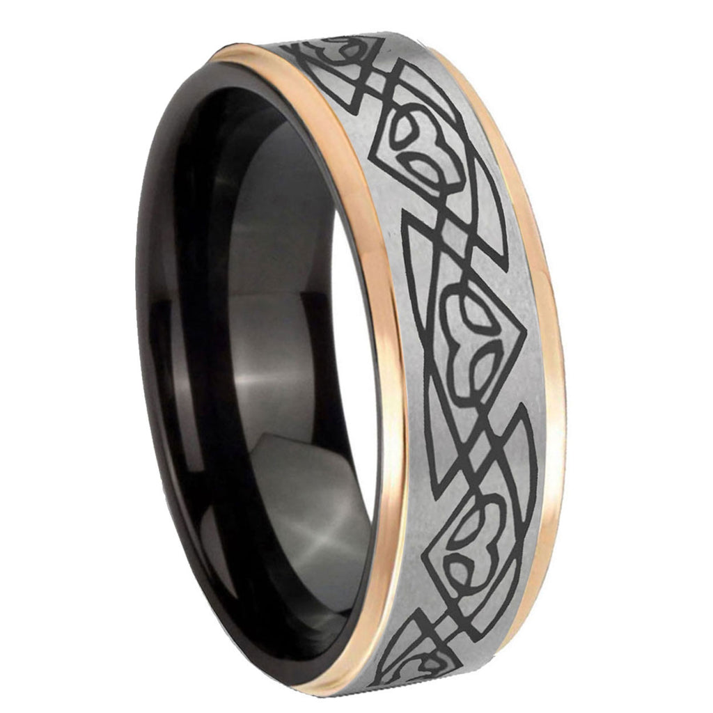 8mm Celtic Braided Rose Gold Step Edge Gray Tungsten Mens Ring