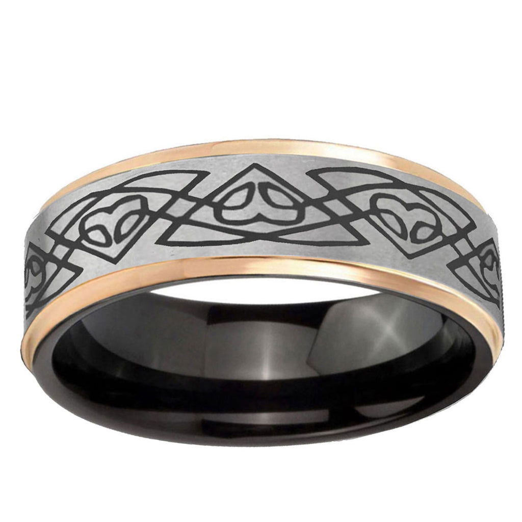 Celtic Braided Rose Gold Step Edge Gray Tungsten Mens Ring