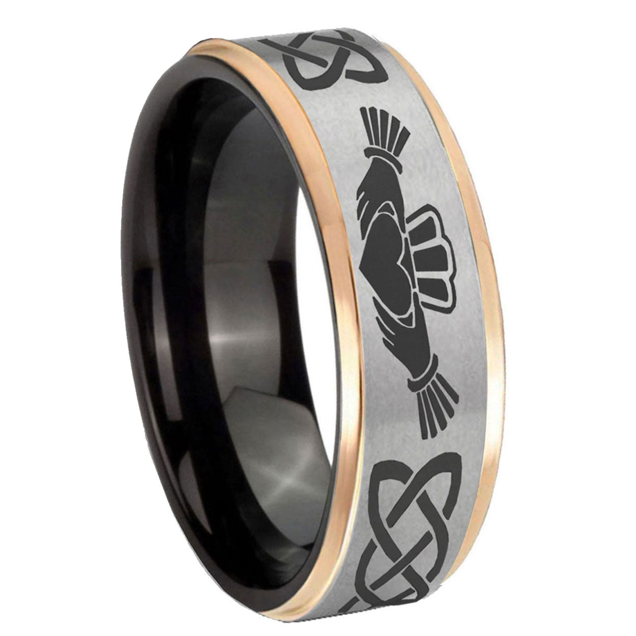 8mm Irish Claddagh Rose Gold Step Edge Gray Tungsten Ring