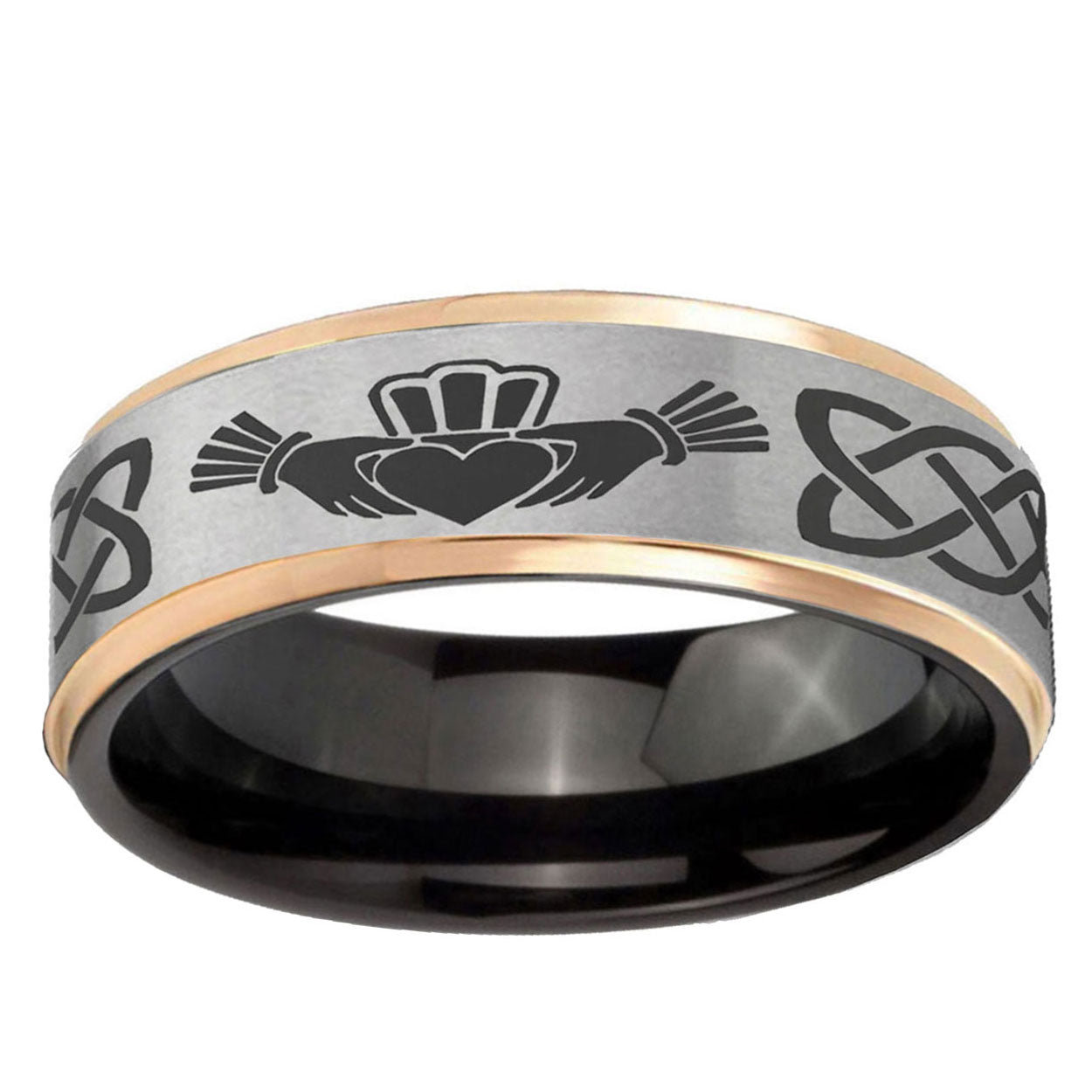 Irish Claddagh Rose Gold Step Edge Gray Tungsten Ring