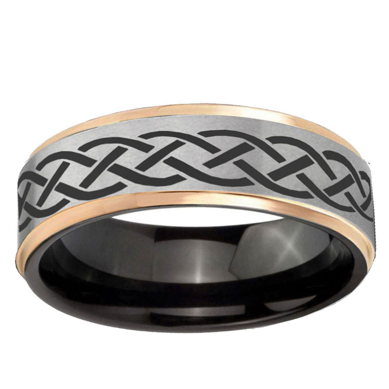 Celtic Knot Rose Gold Step Edge Gray Tungsten Mens Ring