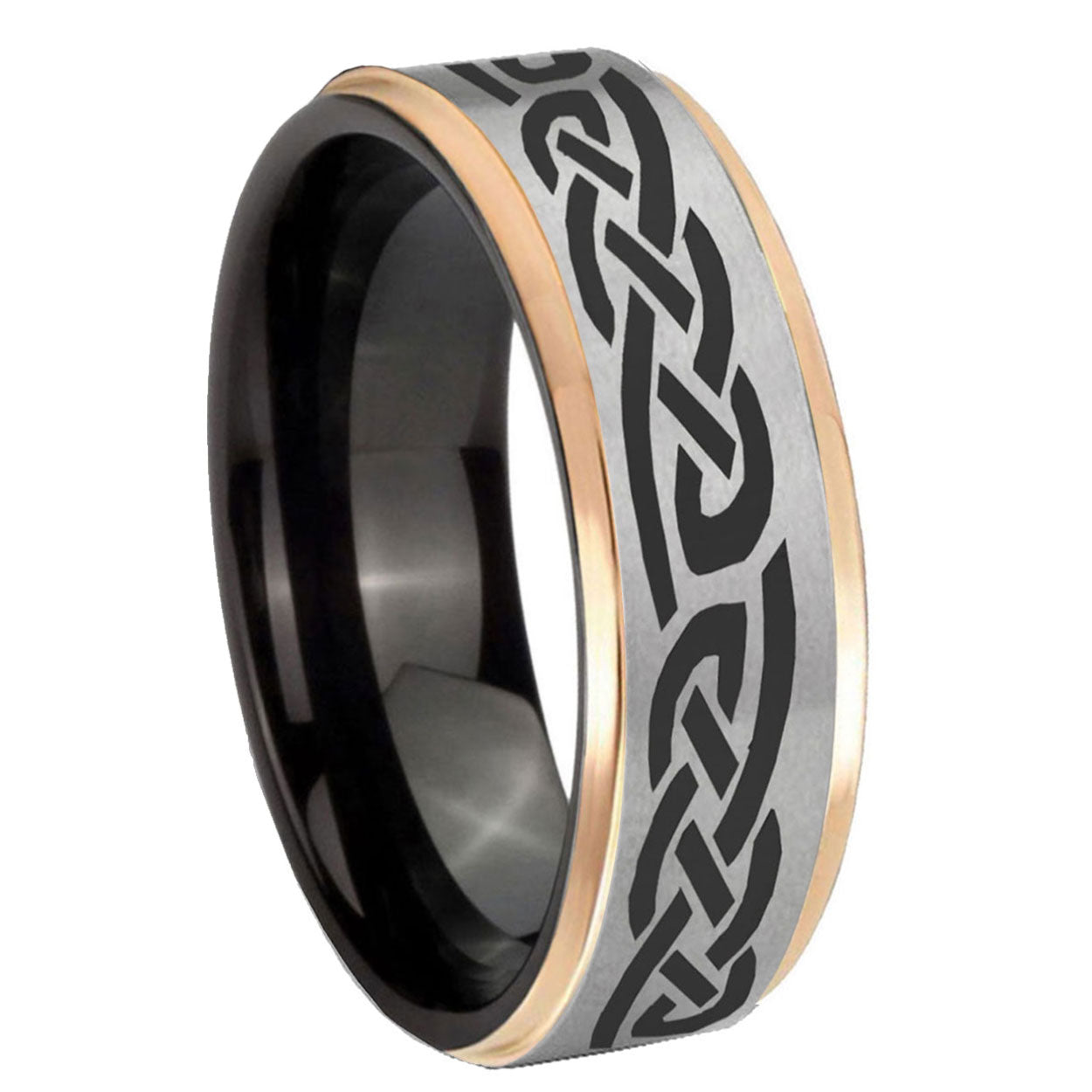 8mm Celtic Knot Infinity Love Rose Gold Step Edge Gray Tungsten Ring