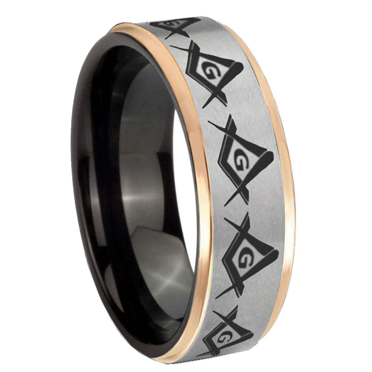 8mm Masonic Square Compass Rose Gold Step Edge Gray Tungsten Band